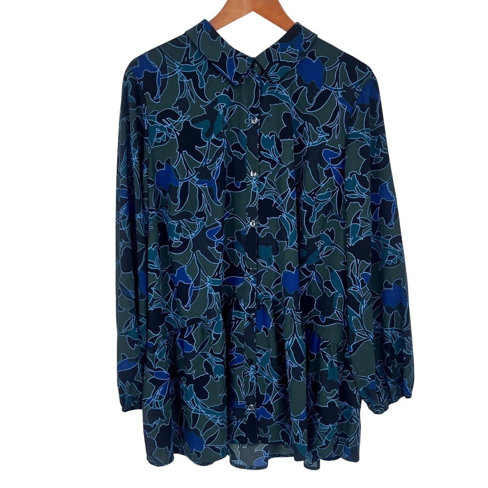 LOGO Lori Goldstein Tunic Shirt 2X Blue Green Floral Workwear Office Liquid Knit